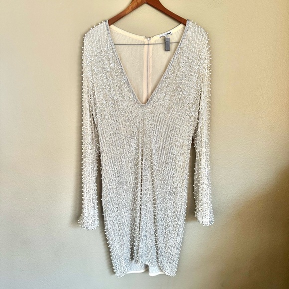 Fashion Nova For Tonight’s Special Pearl Beaded Mini Dress Silver Size 1X - Picture 2 of 7